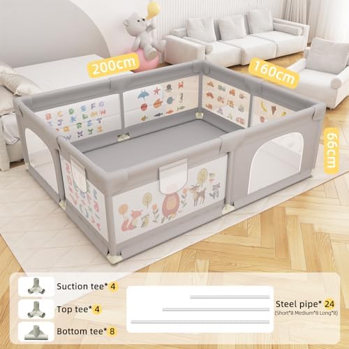 Grădiniță pentru bebeluși, 200 x 160 cm, Grădiniță Extra Large pentru Apartament, Grădiniță pentru Copii cu Plasă Moale Respirabilă, Include 50 Bile, 6 x Inele de Tracțiune, 1 x Coș de Stocare pentru Bile, Gri - imagine 2