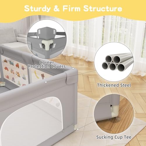 Grădiniță pentru bebeluși, 200 x 160 cm, Grădiniță Extra Large pentru Apartament, Grădiniță pentru Copii cu Plasă Moale Respirabilă, Include 50 Bile, 6 x Inele de Tracțiune, 1 x Coș de Stocare pentru Bile, Gri - imagine 4