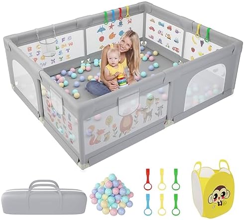 Grădiniță pentru bebeluși, 200 x 160 cm, Grădiniță Extra Large pentru Apartament, Grădiniță pentru Copii cu Plasă Moale Respirabilă, Include 50 Bile, 6 x Inele de Tracțiune, 1 x Coș de Stocare pentru Bile, Gri