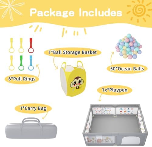 Grădiniță pentru bebeluși, 200 x 160 cm, Grădiniță Extra Large pentru Apartament, Grădiniță pentru Copii cu Plasă Moale Respirabilă, Include 50 Bile, 6 x Inele de Tracțiune, 1 x Coș de Stocare pentru Bile, Gri - imagine 5