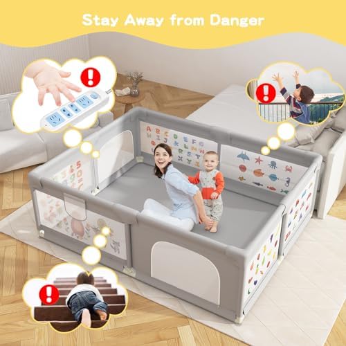 Grădiniță pentru bebeluși, 200 x 160 cm, Grădiniță Extra Large pentru Apartament, Grădiniță pentru Copii cu Plasă Moale Respirabilă, Include 50 Bile, 6 x Inele de Tracțiune, 1 x Coș de Stocare pentru Bile, Gri - imagine 6